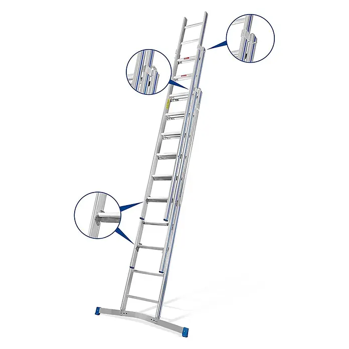 Mauderer Mehrzweckleiter Bavaria Leiterlift bis max. Förderhöhe 8,60m 2x16 Sprossen - Anzahl Tritte: 16 Stk., Belastbarkeit: 100 kg, Aluminium - Silberne Aluminium-Ausziehleiter mit blauen Akzenten, Sicherheitshaken und breiter Stabilisatorbasis.