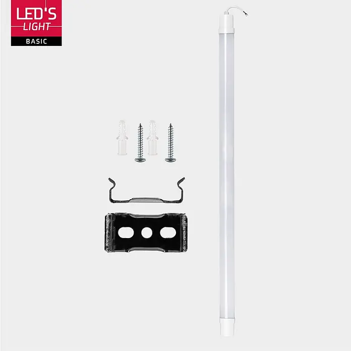 LED's work LED-Feuchtraumlichtleiste - L x B x H: 120 x 5,3 x 3,6 cm, Lichtfarbe: Neutralweiß, 18 W, IP65, Lichtstrom: 1.900 lm - Weiße LED-Lichtröhre mit offenliegenden Kabeln und Montagematerial: Metallhalterungen, Schrauben, Dübel.