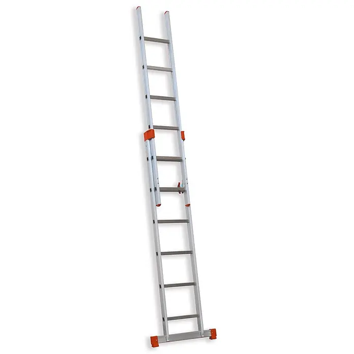 Facal Schiebeleiter Schiebeleiter GENIA S300 2x6 Sprossen - Anzahl Tritte: 6 Stk., Arbeitshöhe: 4.150 m, Aluminium - Silberne Aluminium-Ausziehleiter mit orangefarbenen Füßen und Verriegelungen.