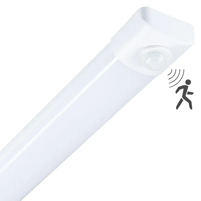 LED's work LED-Feuchtraumlichtleiste Sensor - Länge: 120 cm, 36 W, IP40 - Weiße rechteckige LED-Leuchte mit integriertem Bewegungssensor und Bewegungserkennungssymbol.
