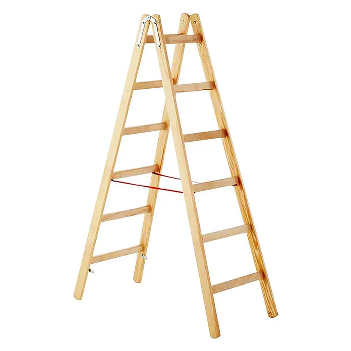 Zarges Stehleiter Holz Stehleiter Cresta B, beidseitig begehbar 2x10 Sprossen - Anzahl Tritte: 10 Stk., Arbeitshöhe: 4.100 m, Holz - Hölzerne A-Leiter aus hellem Naturholz mit roten Sicherheitsseilen.