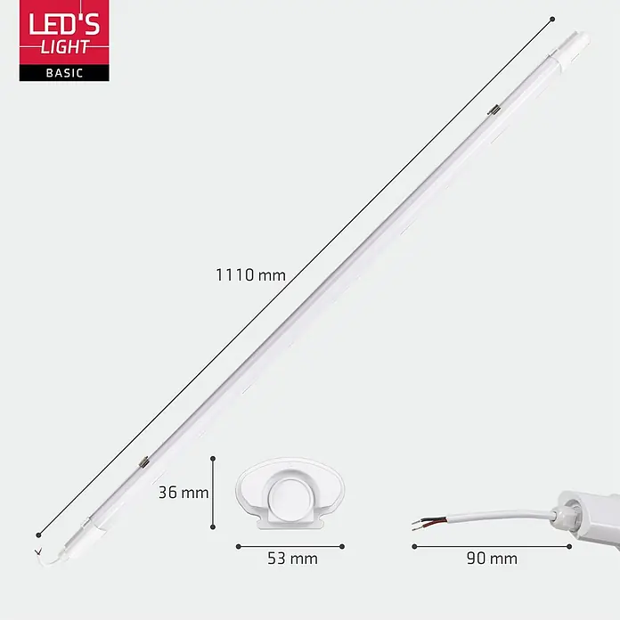 LED's work LED-Feuchtraumlichtleiste - L x B x H: 120 x 5,3 x 3,6 cm, Lichtfarbe: Neutralweiß, 18 W, IP65, Lichtstrom: 1.900 lm - Weiße LED-Lichtröhre, 1110 mm lang, mit Montageklammern und Stromkabel, zeigt Hauptabmessungen.