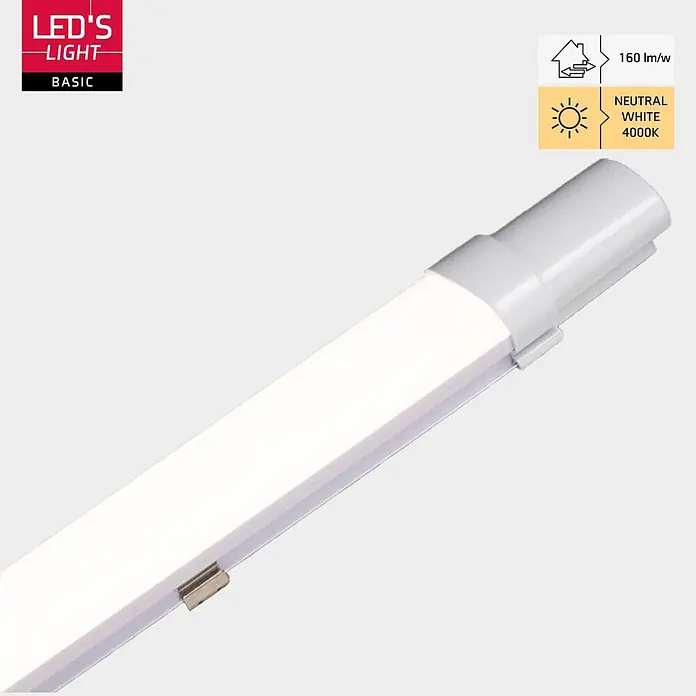 LED's work LED-Feuchtraumlichtleiste - L x B x H: 120 x 5,3 x 3,6 cm, Lichtfarbe: Neutralweiß, 18 W, IP65, Lichtstrom: 1.900 lm - Weißes lineares LED-Lichtband, strahlt neutralweißes 4000K Licht aus.