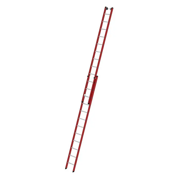 Munk Schiebeleiter Kunststoff Schiebeleiter 2x12 Sprossen - Anzahl Tritte: 12 Stk., Arbeitshöhe: 7.200 m, Kunststoff - Rote zweiteilige Ausziehleiter mit silbernen Sprossen und schwarzen Kappen.