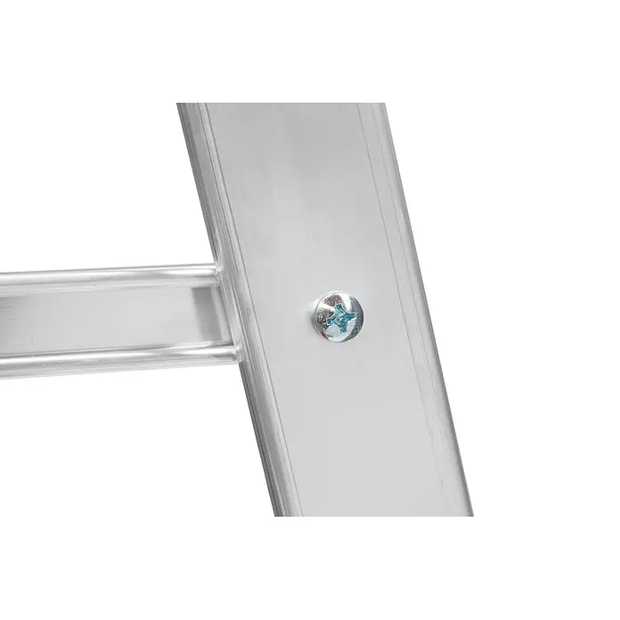 Hymer Treppenpodest Plattformleiter mit Kipprollen und langem Handlauf 4 Stufen - Anzahl Tritte: 4 Stk., Arbeitshöhe: 2.950 m, Aluminium - Detail einer silbernen Aluminiumleiter mit Holm, Sprosse und Schraube mit Sternantrieb.