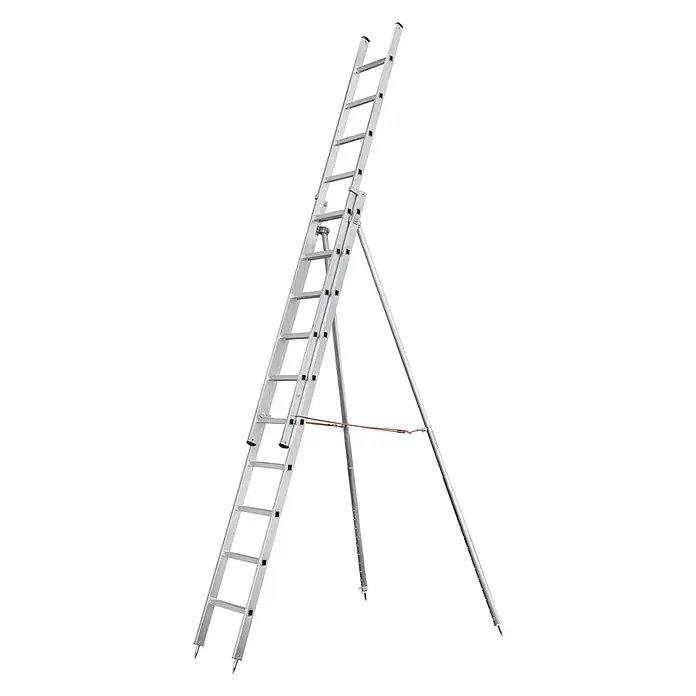 Siedra-Leitern Schiebeleiter Obstbaumschiebeleiter mit ausziehbaren Stützen 2x16 Sprossen - Anzahl Tritte: 16 Stk., Arbeitshöhe: 9.000 m, Aluminium - Silberne Aluminiumleiter mit verstellbaren, spitz zulaufenden Stützbeinen, ein selbststehendes System.