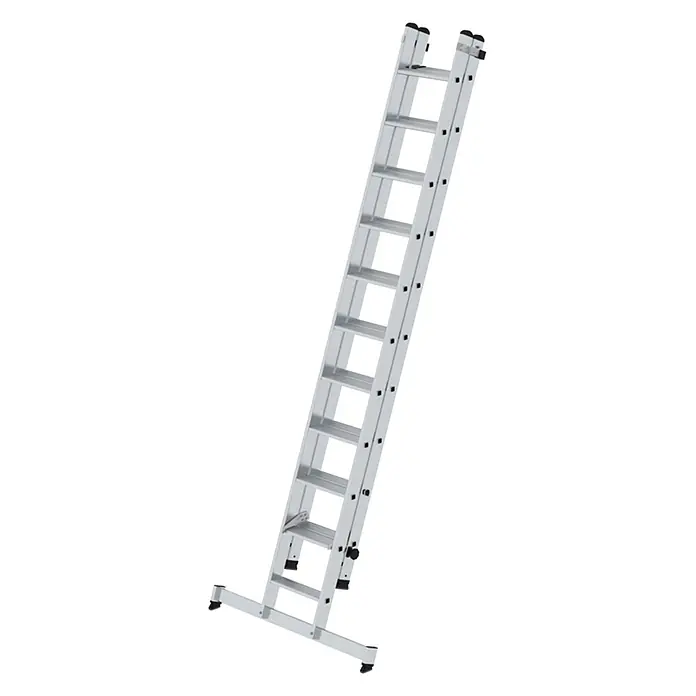 MUNK Stufen-Schiebeleiter mit nivello-Traverse 2-teilig 11+10 Stufen -  - Silberne Aluminium-Anlegeleiter mit breiter Stabilisierungsstange und schwarzen Anti-Rutsch-Füßen.