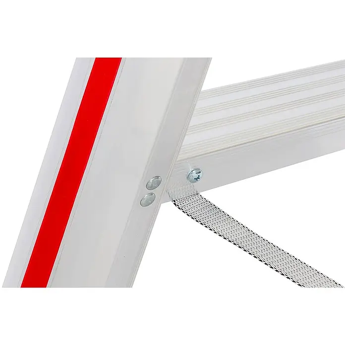 Hymer Stehleiter Stufenstehleiter mit Plattform 8 Stufen - Anzahl Tritte: 8 Stk., Arbeitshöhe: 3.840 m, Aluminium - Silberne Aluminiumleiter mit rotem Sicherheitsstreifen und gewebtem weißem Sicherheitsgurt, befestigt mit Schrauben und Nieten.