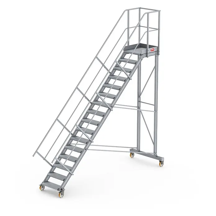 Altrex Podestleiter Podesttreppe fahrbar 45° 16 Stufen - Anzahl Tritte: 16 Stk., Arbeitshöhe: 5.240 m, Aluminium - Silberne mobile Industrietreppe mit Geländern, Plattform und Rollen.