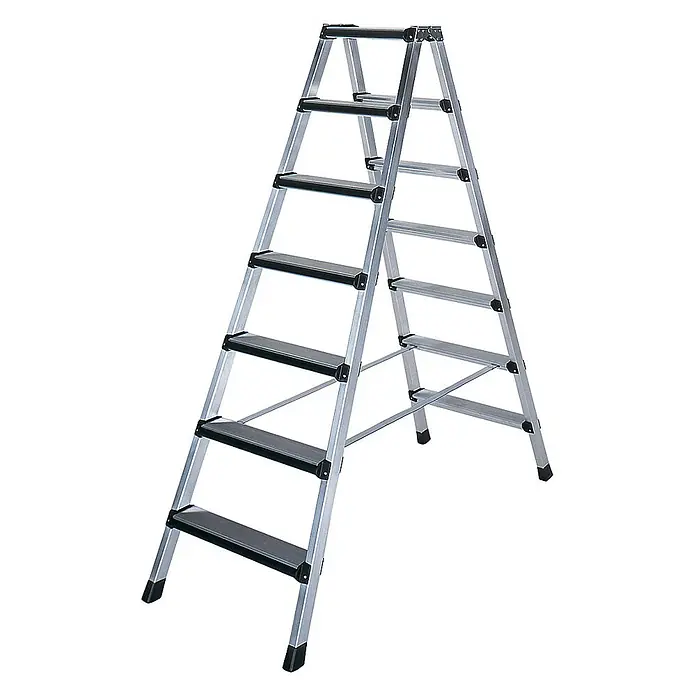Iller Leiter Stehleiter Stufensteh eloxiert 2x7 gepolsterte Stufen - Anzahl Tritte: 7 Stk., Arbeitshöhe: 3.250 m, Aluminium - Silberne Aluminium-Klappleiter mit schwarzen rutschfesten Stufen und Füßen.