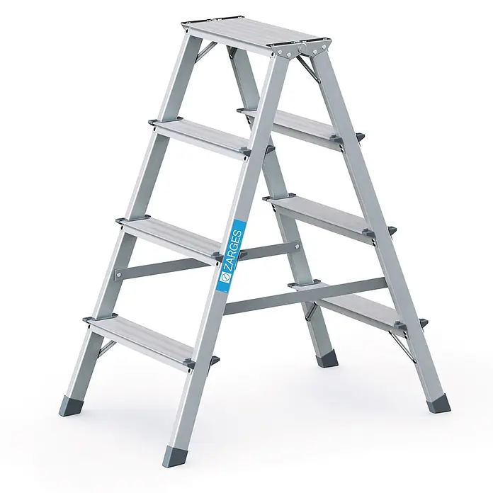 Zarges Stehleiter genietete Bockleiter eloxiert Scana B 2x4 Stufen - Anzahl Tritte: 4 Stk., Arbeitshöhe: 2.450 m, Aluminium - Vierstufige silberne Aluminium-Klappleiter mit rutschfesten Stufen und grauen Fußkappen.