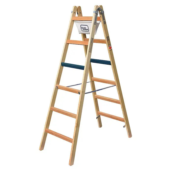Iller Leiter Stehleiter Breitsprossen Steh Professional ERGO 2x5 Sprossen - Anzahl Tritte: 5 Stk., Arbeitshöhe: 2.850 m, Holz - Holz-Klapptritt mit weißer Werkzeugablage und blauen Sicherungsbändern.