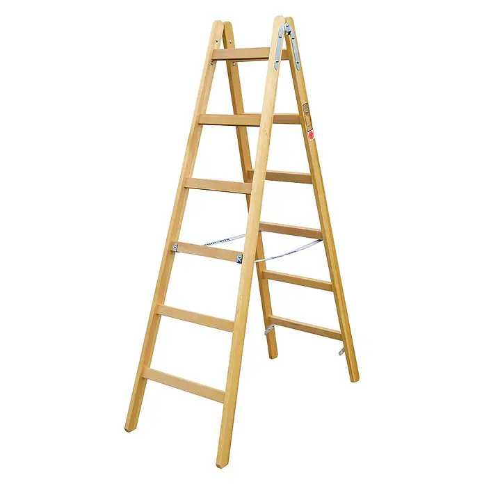 Iller Leiter Stehleiter Holz Steh Classic mit Eimerhaken 2x7 Sprossen - Anzahl Tritte: 7 Stk., Arbeitshöhe: 3.350 m, Holz - Klappbare helle Holz-A-Leiter mit Metallscharnieren und Sicherheitsgurten.