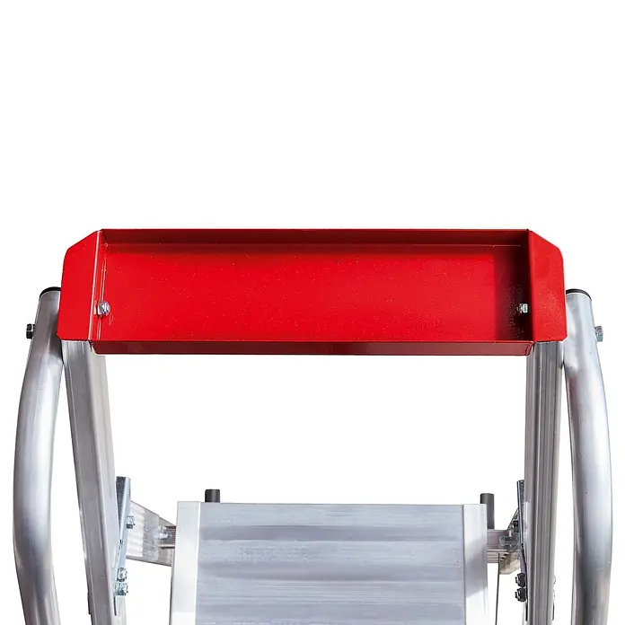 Euroline Stehleiter Premium 32677 Stufenstehleiter mit großer Standplattform 8 Stufen - Anzahl Tritte: 8 Stk., Arbeitshöhe: 3.700 m, Aluminium - Rote Metall-Ablageschale für eine Leiter, bietet praktischen Stauraum.