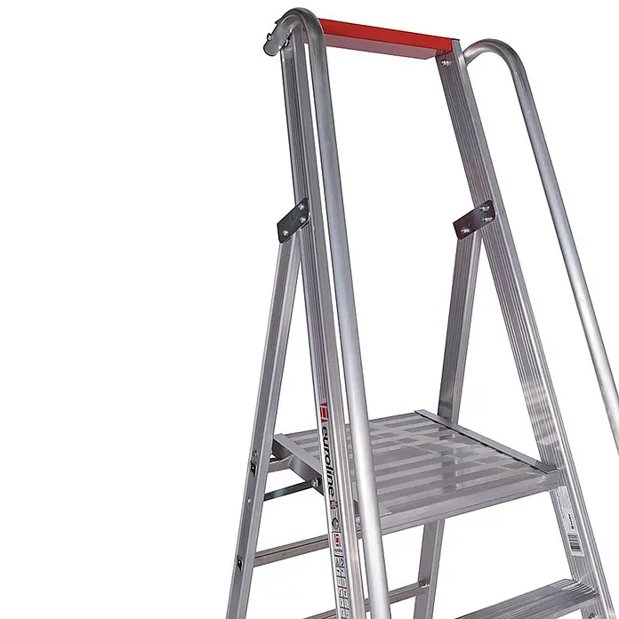 Euroline Stehleiter Premium 32677 Stufenstehleiter mit großer Standplattform 8 Stufen - Anzahl Tritte: 8 Stk., Arbeitshöhe: 3.700 m, Aluminium - Aluminium-Stehleiter mit rotem Holm und rutschfester Plattform.