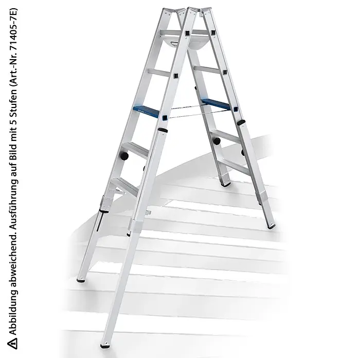 Iller Leiter Stehleiter Treppenhaus Multilift Ergo Plus eloxiert 2x6 Stufen - Anzahl Tritte: 6 Stk., Arbeitshöhe: 3.060 m, Aluminium - Silberne Aluminium-Klappleiter mit fünf blauen Stufen.
