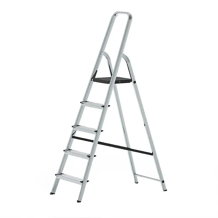 Werner Stehleiter Stufenstehleiter 5 Stufen - Anzahl Tritte: 5 Stk., Arbeitshöhe: 3.050 m, Aluminium - Silberne klappbare 5-Stufen-Leiter mit schwarzer Plattform und Stabilisierungsstange.