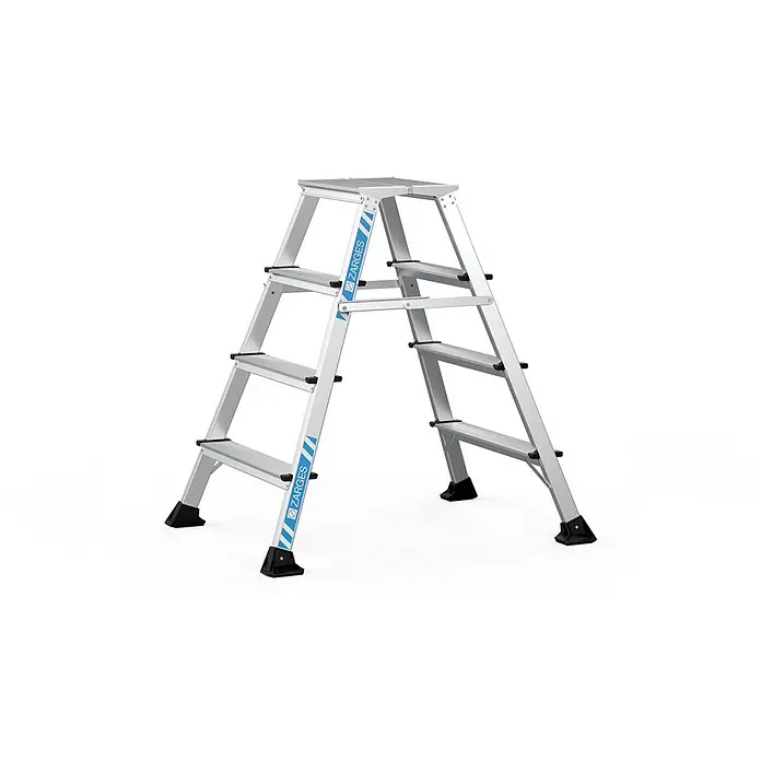 Zarges Stehleiter Trittleiter Arbeitspodest XLstep P 2x4 Stufen - Anzahl Tritte: 4 Stk., Arbeitshöhe: 2.990 m, Belastbarkeit: 150 kg, Aluminium - Silberne Aluminium-Vierstufen-Klappleiter mit schwarzen rutschfesten Füßen und Stufengriffen, mit ZARGES-Branding.
