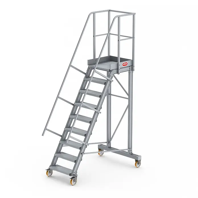 Altrex Podestleiter Podesttreppe fahrbar 60° 9 Stufen - Anzahl Tritte: 9 Stk., Arbeitshöhe: 4.200 m, Aluminium - Mobile Arbeitsplattform aus silbernem Aluminium mit breiten Stufen, Handläufen und feststellbaren Rollen.