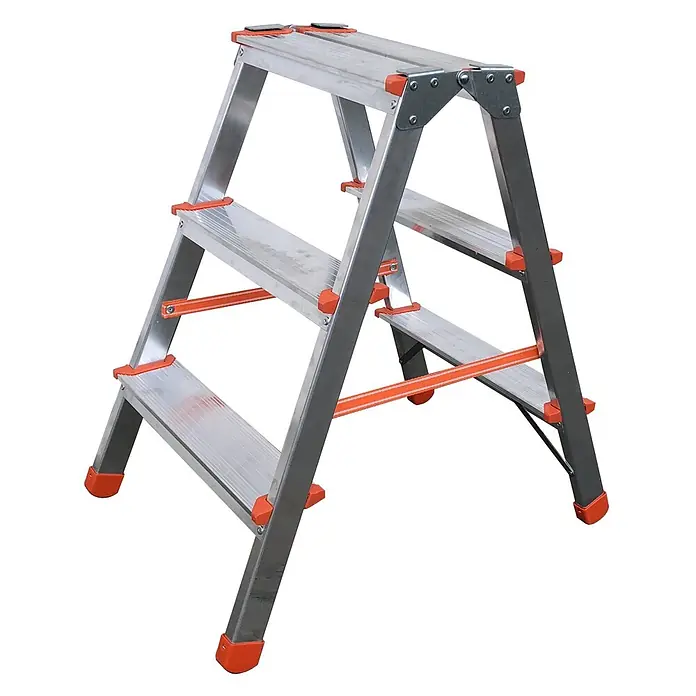 Siedra-Leitern Stehleiter Stufenstehleiter 100 2x8 Stufen - Anzahl Tritte: 8 Stk., Arbeitshöhe: 3.600 m, Aluminium - Silberne Aluminium-Klappleiter mit orangefarbenen Sicherheitsakzenten und mehreren rutschfesten Stufen.