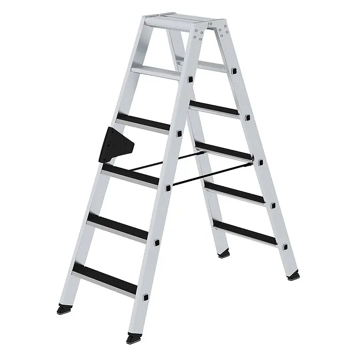 Munk Stehleiter Stehleiter beidseitig begehbar mit clip-step 2x6 Stufen - Anzahl Tritte: 6 Stk., Arbeitshöhe: 2.900 m, Aluminium - Silberne Aluminium-Klappleiter mit schwarzen Anti-Rutsch-Stufen und Stabilisierungsstangen.