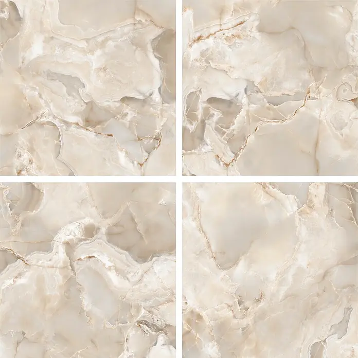 Feinsteinzeugfliese Onyx Freedom - 60 x 60 cm, Beige, Matt - Vier beige Naturmarmorfliesen mit feinen Maserungen, ideal für elegante Boden- oder Wandbeläge.
