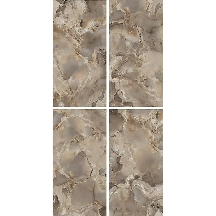 Feinsteinzeugfliese Onyx Freedom - 60 x 120 cm, Grey, Matt - Vier rechteckige Fliesen mit braunem und beigem Marmormuster und feiner Äderung.