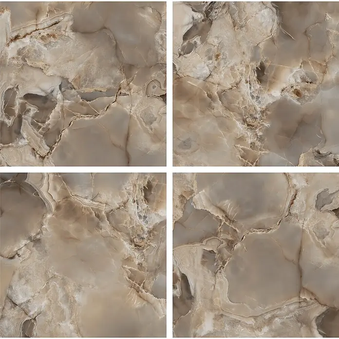 Feinsteinzeugfliese Onyx Freedom - 60 x 60 cm, Grey, Glänzend - Set aus vier beigefarbenen und braunen Marmor-Effektfliesen mit natürlicher, komplexer Maserung für eine dekorative Oberfläche.