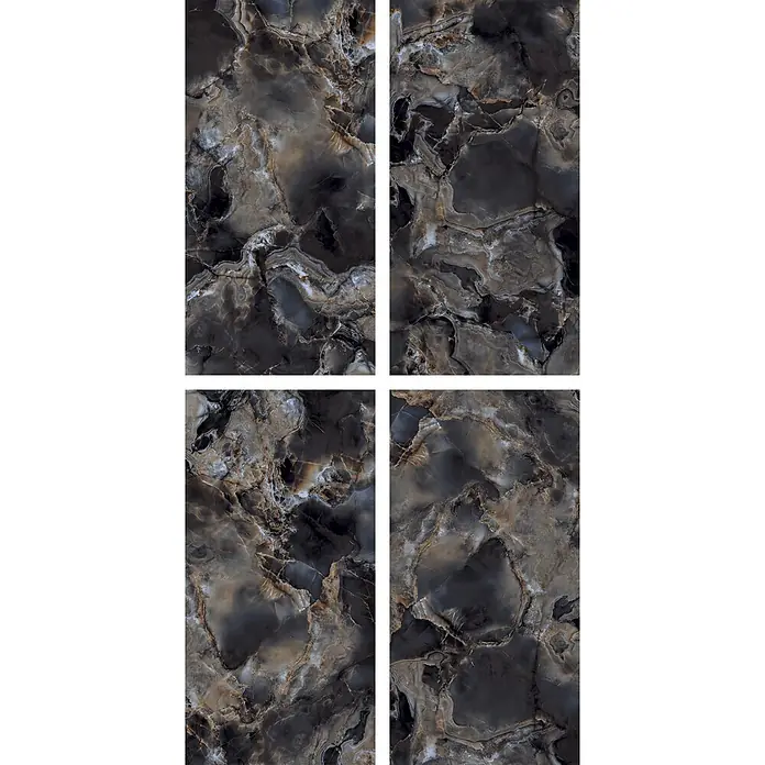 Feinsteinzeugfliese Onyx Freedom - 60 x 120 cm, Black, Matt - Vier dunkle, rechteckige Platten in Marmor/Onyx-Optik mit markanten weißen, grauen und goldenen Adern.