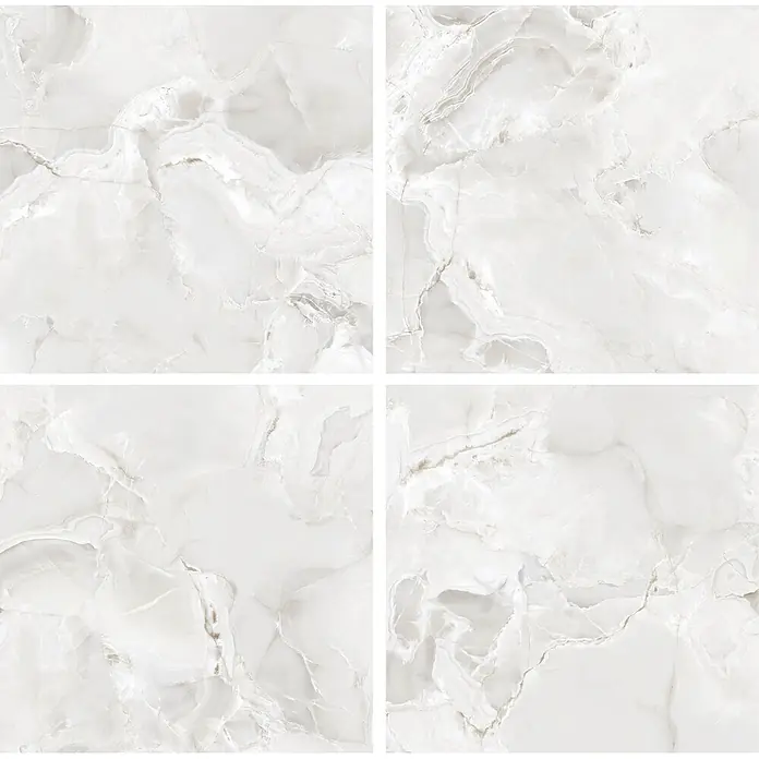 Feinsteinzeugfliese Onyx Freedom - 60 x 60 cm, White, Matt - Vier weiße/hellgraue Marmorfliesen mit subtiler, komplexer Maserung, geeignet für Wände oder Böden.