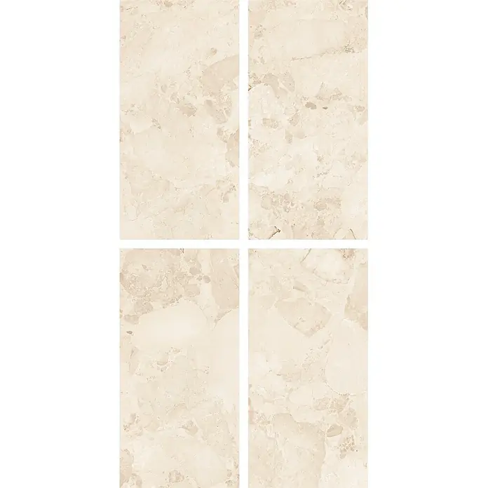 Feinsteinzeugfliese Peru - 60 x 120 cm, Beige, Matt - Vier beige Fliesen in Marmoroptik mit dezenter Maserung für elegante Boden- oder Wandgestaltung.