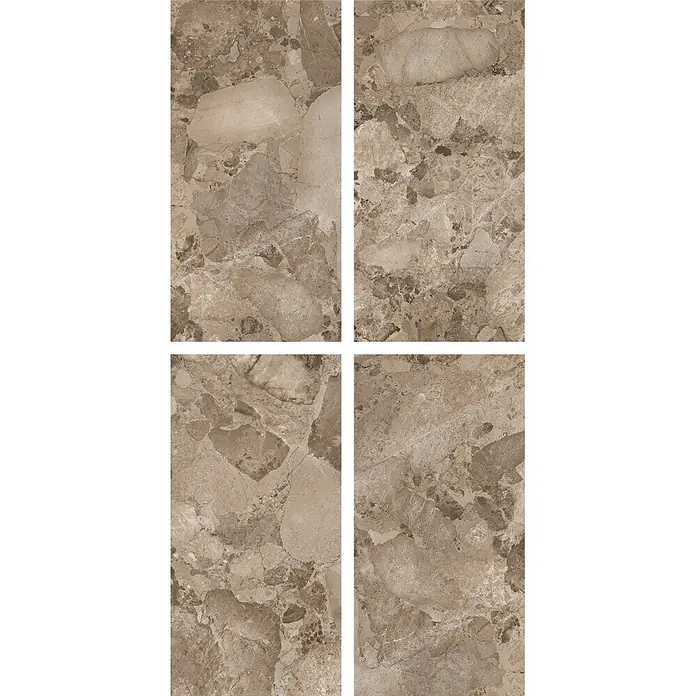 Feinsteinzeugfliese Peru - 60 x 120 cm, Taupe, Matt - Vier rechteckige Fliesen mit gesprenkelter braun-beiger Natursteinoptik, ideal für Boden- oder Wandbelag.