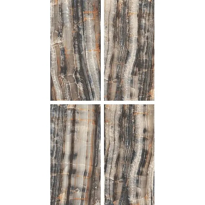 Feinsteinzeugfliese Rainbow - 60 x 120 cm, Dark, Glänzend - Vier Fliesen in Onyx-Optik mit fließender vertikaler Maserung in Grau-, Schwarz-, Braun- und Rotorangetönen.