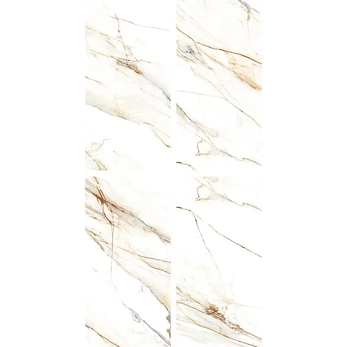 Feinsteinzeugfliese Venet - 60 x 120 cm, Weiss/Gold, Matt - Vier weiße Marmorfliesen mit goldbrauner und grauer Äderung, die ein luxuriöses Muster bilden.