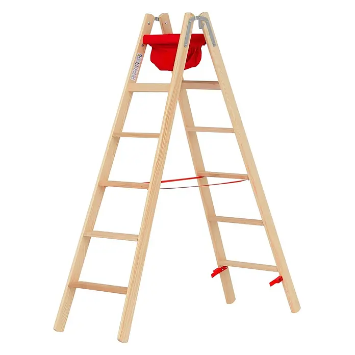 Hymer Stehleiter Holz Stufenstehleiter mit Textiltasche 2x6 Stufen - Anzahl Tritte: 6 Stk., Arbeitshöhe: 3.100 m, Holz - Helle Holz-Kletterleiter für Kinder mit rotem Stoffschaukel und Sicherungsbändern.