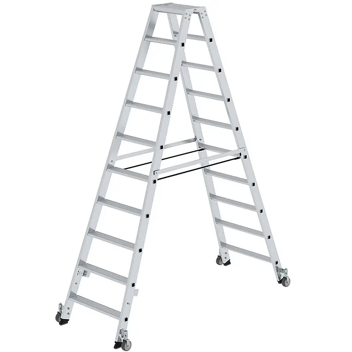 Munk Stehleiter Stehleiter beidseitig begehbar mit Rollen 2x10 Stufen - Anzahl Tritte: 10 Stk., Arbeitshöhe: 4.000 m, Aluminium - Silberne Aluminium-Doppelleiter mit Sprossen und Rollen.
