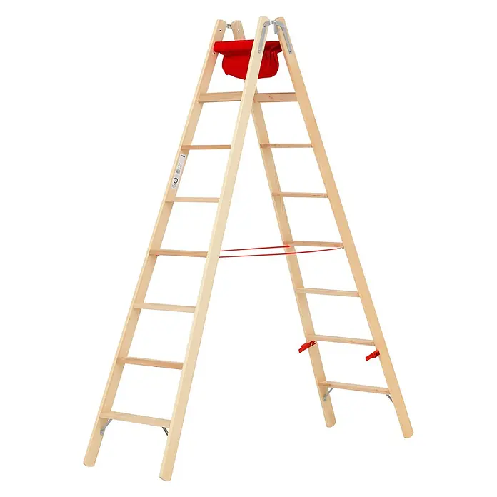 Hymer Stehleiter Holz Stufenstehleiter mit Textiltasche 2x8 Stufen - Anzahl Tritte: 8 Stk., Arbeitshöhe: 3.650 m, Holz - Hölzerne Stehleiter mit roter Stofftasche oben, rotem Sicherungsgurt und roten Klemmen zur Stabilisierung.