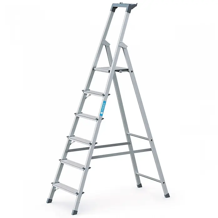 Zarges Stehleiter genietete Stehleiter eloxiert Scana S 6 Stufen - Anzahl Tritte: 6 Stk., Arbeitshöhe: 3.250 m, Aluminium - Silber-graue Aluminium-Klappleiter mit sechs Stufen, aufrecht stehend.