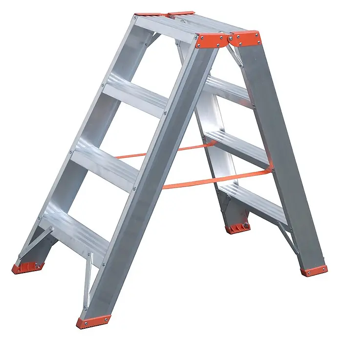 Siedra-Leitern Stehleiter Stufenstehleiter 200 mit Vollwandprofilverstärkung 2x5 Stufen - Anzahl Tritte: 5 Stk., Arbeitshöhe: 3.000 m, Aluminium - Silberne Aluminium-Klappleiter mit orangefarbenen Sicherheitsgurten und rutschfesten Füßen.