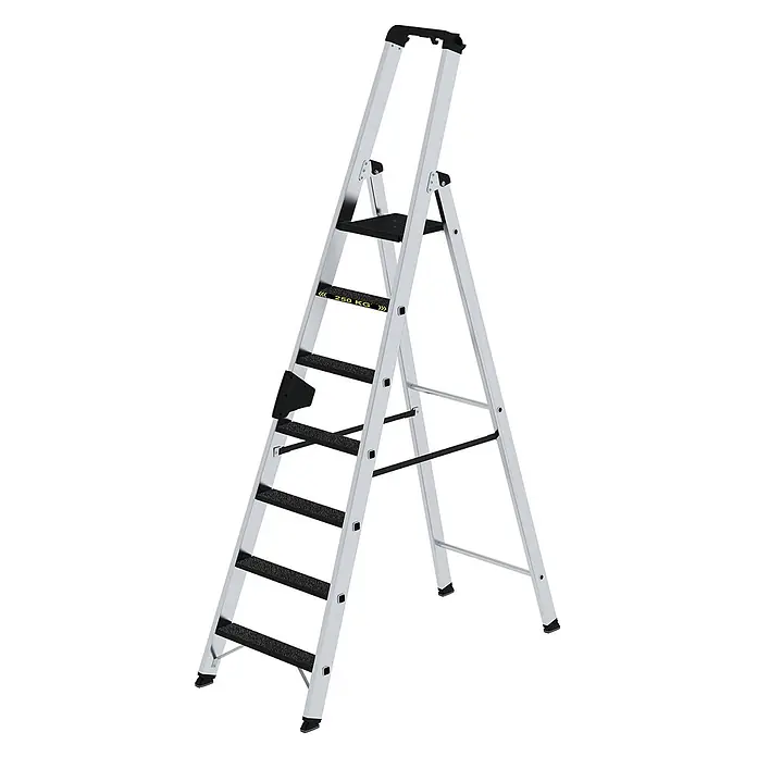 Munk Stehleiter Stehleiter mit clip-step R13 250kg, 7 Stufen - Anzahl Tritte: 7 Stk., Arbeitshöhe: 3.650 m, Aluminium - Alu-Klapptritt mit schwarzen Antirutschstufen, Griff und Ablage, bis 250 kg belastbar.