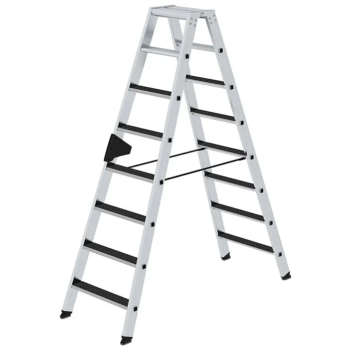 Munk Stehleiter Stehleiter beidseitig begehbar mit clip-step R13 2x8 Stufen - Anzahl Tritte: 8 Stk., Arbeitshöhe: 3.400 m, Aluminium - Silberne Aluminium-Klappleiter mit schwarzen Anti-Rutsch-Stufen und Stabilisierungsstangen.