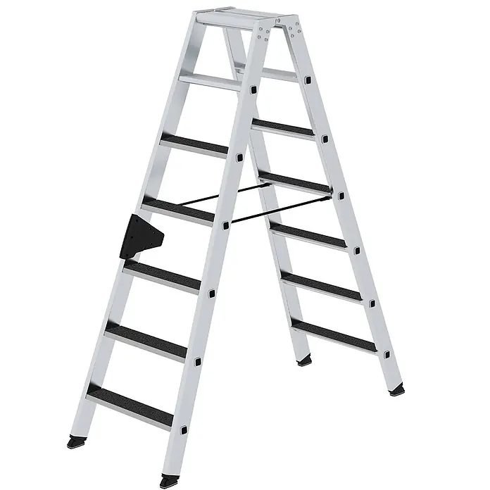 Munk Stehleiter Stehleiter beidseitig begehbar mit clip-step R13 2x7 Stufen - Anzahl Tritte: 7 Stk., Arbeitshöhe: 3.150 m, Aluminium - Silberne Aluminium-Klappleiter mit schwarzen rutschfesten Stufen und Stabilisierungsstreben.