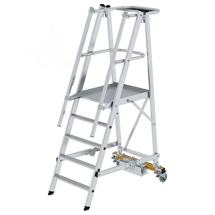Munk Podestleiter Podestleiter fahrbar mit schmaler Traverse 5 Stufen - Anzahl Tritte: 5 Stk., Arbeitshöhe: 3.150 m, Aluminium - Aluminium-Mobilpodest mit Stufen, Sicherheitsgeländern und Transporträdern.
