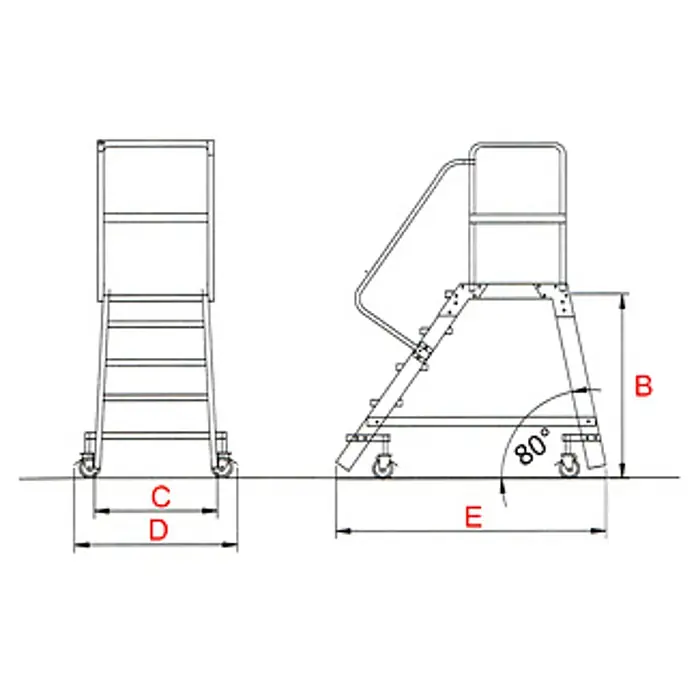 Euroline Podestleiter Premium 515 Mobile Podesttreppe einseitig 4 Stufen - Anzahl Tritte: 4 Stk., Arbeitshöhe: 3.000 m, Aluminium - Technische Zeichnung einer fahrbaren Metall-Podestleiter mit Stufen, Handläufen und Rollen.