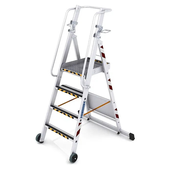 Zarges Mehrzweckleiter Betankungsleiter Plattformhöhe 1,35m - Anzahl Tritte: 5 Stk., Arbeitshöhe: 3.350 m, Aluminium - Mobile silberne Aluminium-Sicherheits-Plattformleiter mit rutschfesten Stufen, Handläufen und breiter Standfläche.