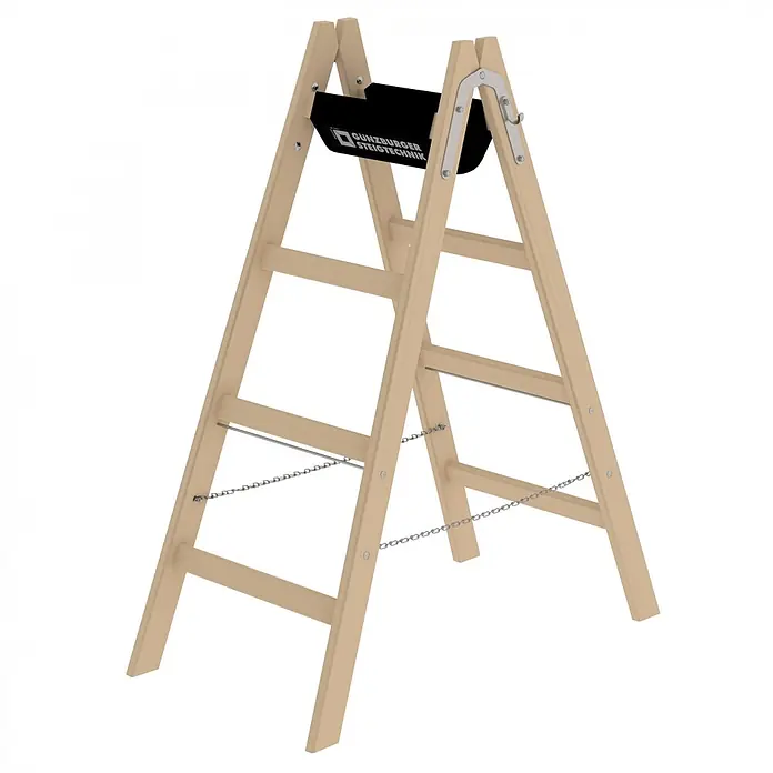 Munk Stehleiter Holz Stehleiter 2x4 Sprossen - Anzahl Tritte: 4 Stk., Arbeitshöhe: 2.500 m, Holz - Doppelseitige Holz-Klappleiter mit Metallketten und schwarzer Ablageschale.