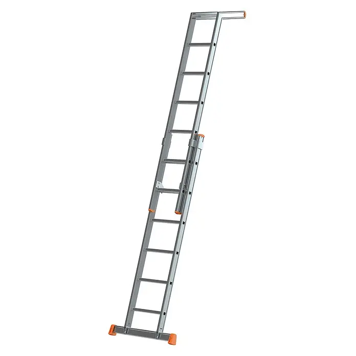 Siedra-Leitern Mehrzweckleiter Plakatleiter 115 mit unlösbarer Bördelung 2x10 Sprossen - Anzahl Tritte: 10 Stk., Arbeitshöhe: 6.460 m, Aluminium - Verstellbare silberne Aluminium-Dachleiter mit leuchtend orangen Sicherheitsakzenten an Füßen und Mechanismus.
