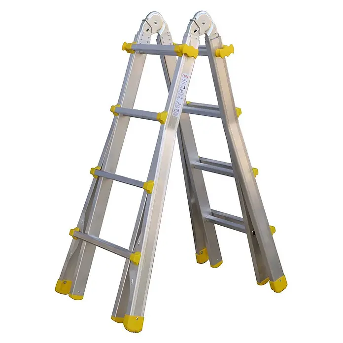 Siedra-Leitern Stehleiter Teleskopleiter 984 mit stabilem Stahlbügelgelenk 4x3 Sprossen - Anzahl Tritte: 3 Stk., Arbeitshöhe: 3.000 m, Aluminium - Vielseitige Aluminium-Klappleiter mit gelben Akzenten, als Stehleiter aufgestellt.