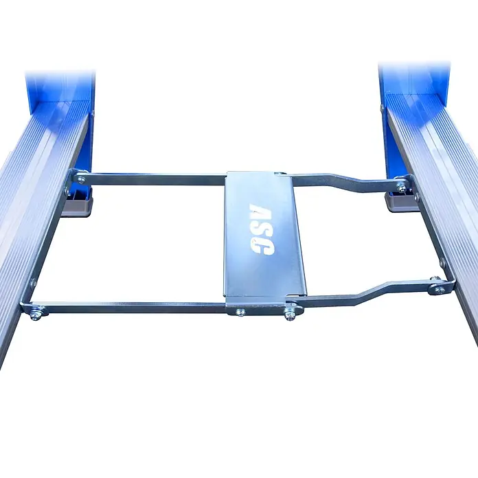 ASC Stehleiter Pro-Line XD-Stufenstehleiter DT-12 doppelseitig 12 Stufen mit 5,00m Arbeits - Anzahl Tritte: 12 Stk., Arbeitshöhe: 5.000 m, Aluminium - Blaue und silberne Rampe mit zwei Abschnitten, verbunden durch eine Metallquerstrebe und ASG-Logo.