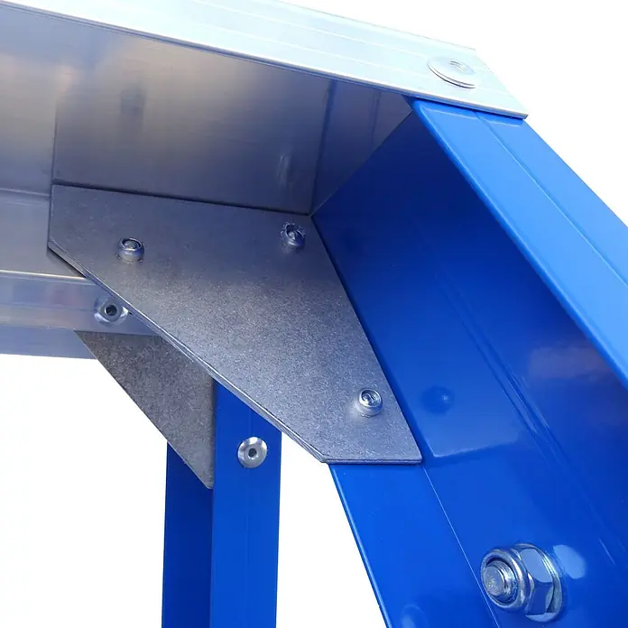 ASC Stehleiter Pro-Line XD-Stufenstehleiter DT-12 doppelseitig 12 Stufen mit 5,00m Arbeits - Anzahl Tritte: 12 Stk., Arbeitshöhe: 5.000 m, Aluminium - Verzinkte Metallstrebe verbindet blaue und silberne Metallbauteile sicher.